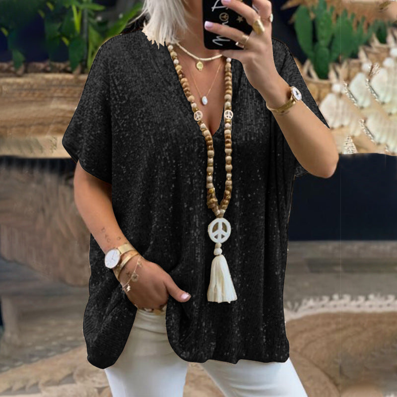 Dame Pailletter V-Udskæring Oversized Top Stilla