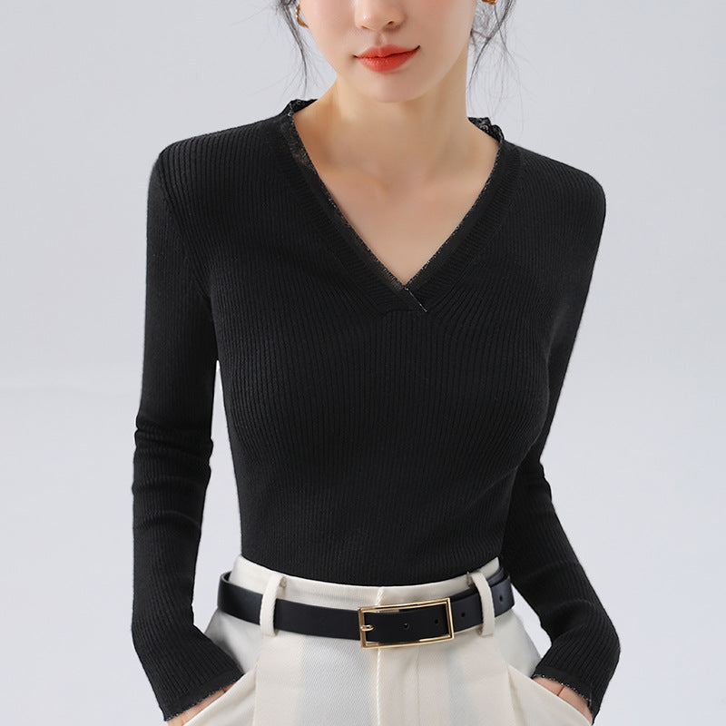 Dame strikpullover med V-udskæring og fin ribstruktur Stilla