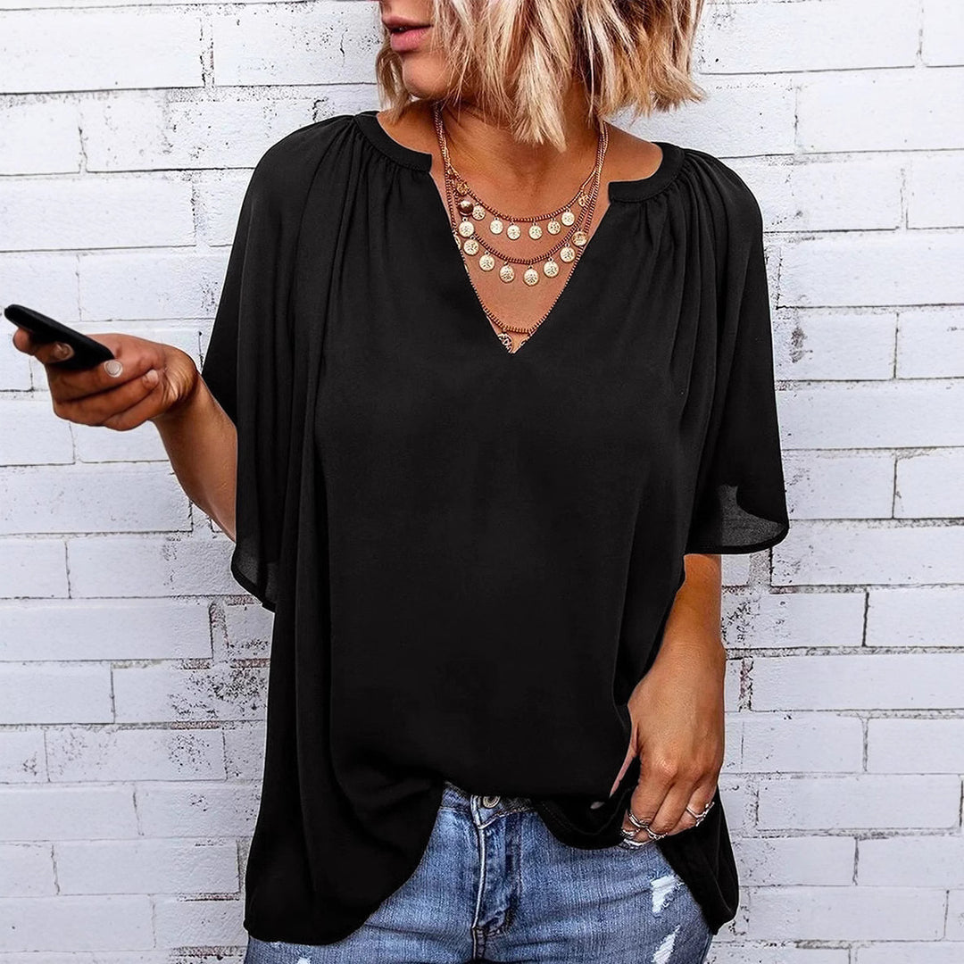 Dame luftig V-udskæring bluse top med elegante folder Skovae