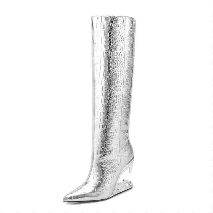 Dame Metallic-krokodilleprægning lårhøje stiletto-støvler med skulptureret hæl Stilla