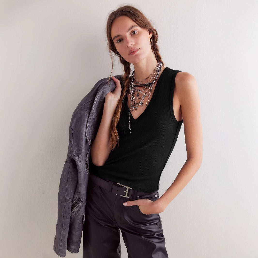Dame V-hals tanktop med fin ribstruktur Stilla