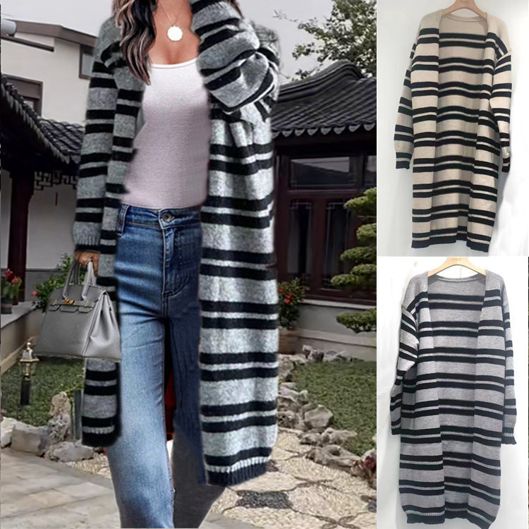 Kvinders chunky strik cardigan med brede striber og afslappet pasform Stilla