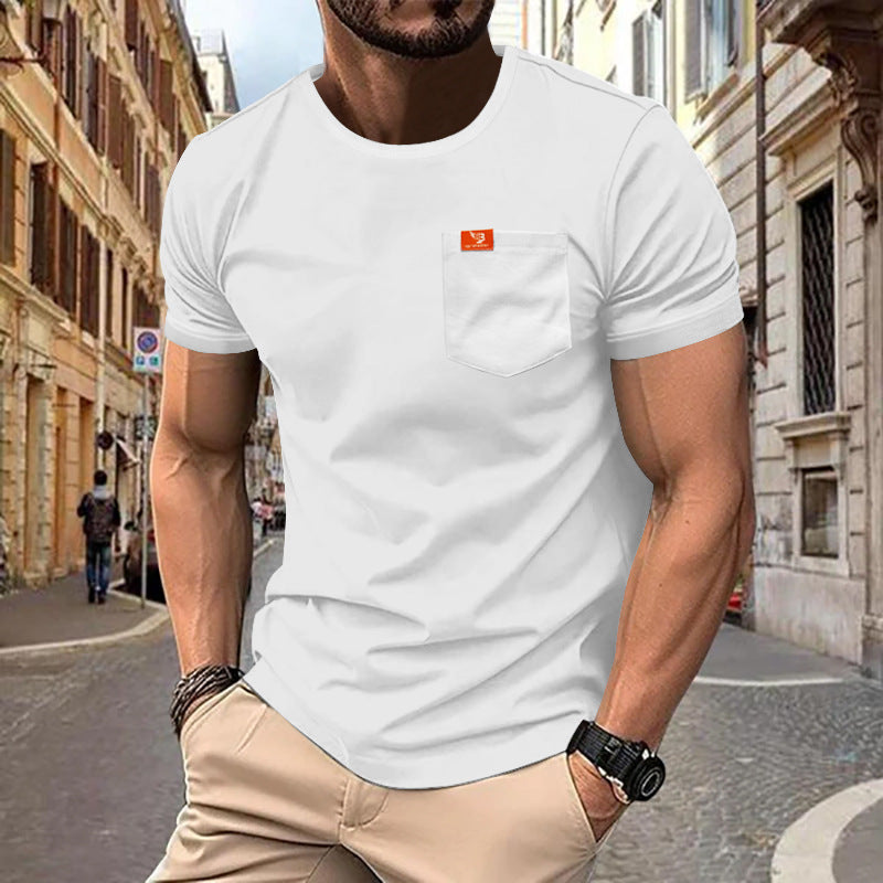 Herrer nan klassisk rundhals T-shirt med brystlomme og forstærket kant Skovae