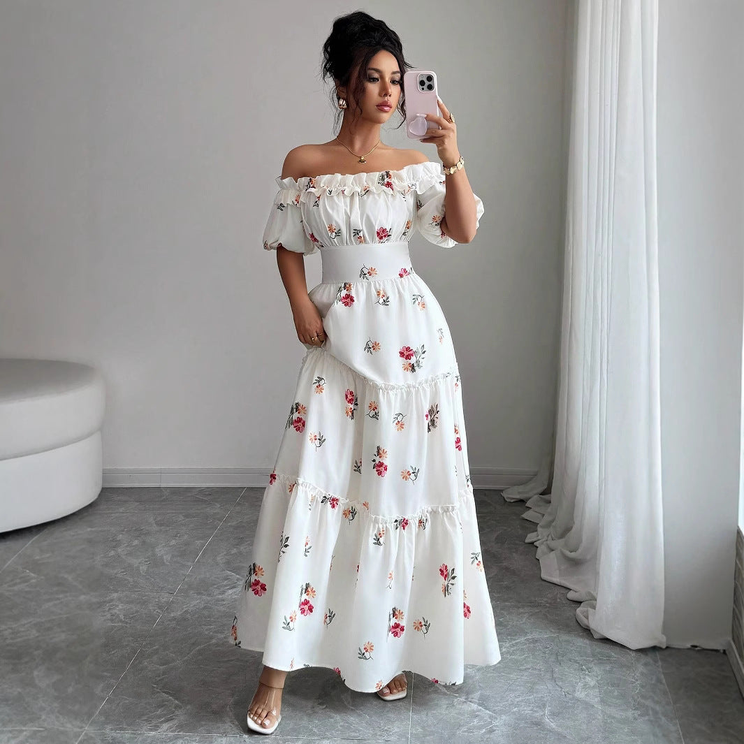 Kvinde Off-Shoulder Maxikjole med florale applikationer og flæser Stilla