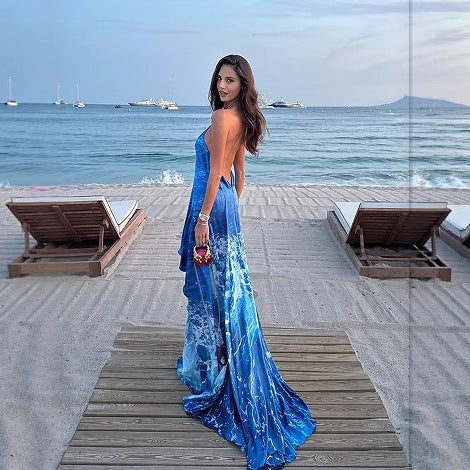 Femme Rygfri Maxi Kjole med Vand-inspireret Tryk Stilla