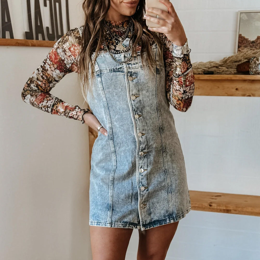 Dame Denim Kjole med knaplukning og klassisk snit Stilla