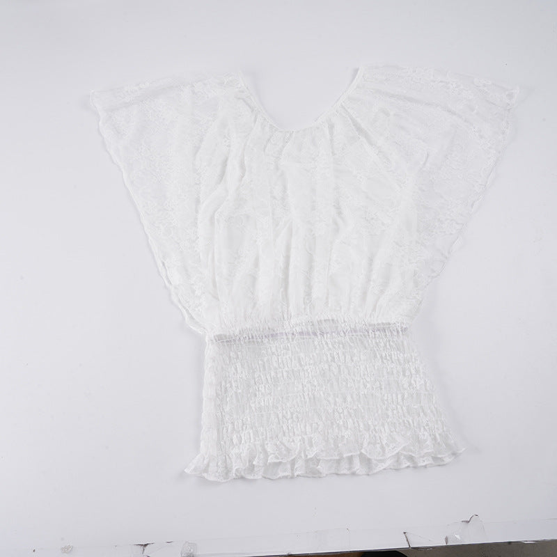 Damen Blusenshirt mit raffiniertem Spitzenbesatz und elastischem Bund Skovae