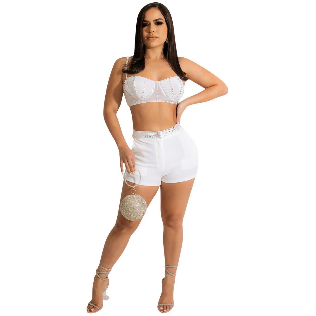 Dame Elegant Crop-top og Shorts Sæt med Rhinsten og Høj Talje Stilla