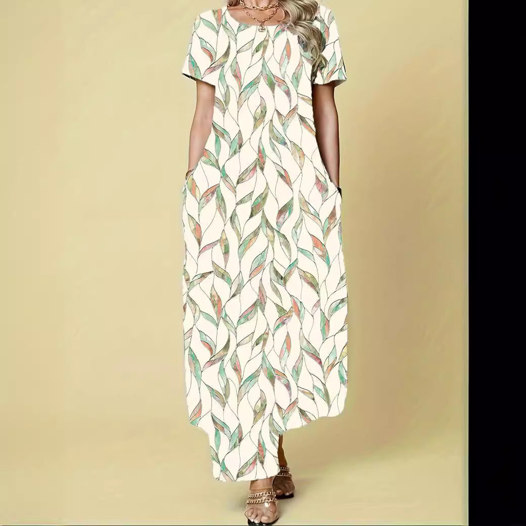 Dame Elegant Maxikjole med sidelommer og trendy bladmønster Stilla