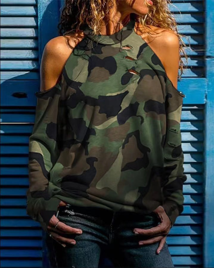 Dame afslappet sweatshirt med skulderfri design og moderigtigt camouflage-mønster Stilla