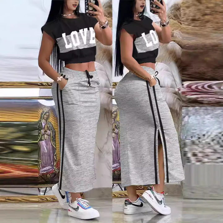 Dame Crop-Top og Maxi-Nederdel Sæt med sporty design og sidelængde Stilla