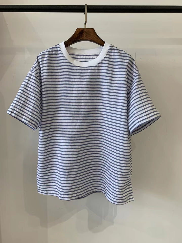 Dame Stribet Bomulds-T-Shirt med Kontrastbetræk Stilla