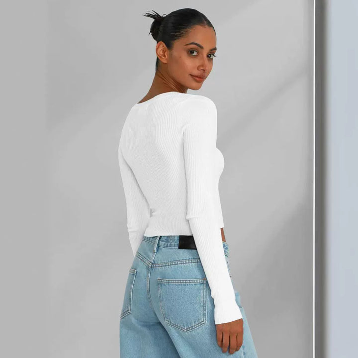 Dame figurtilpasset rib-crop-top med V-udskæring og lange ærmer Stilla