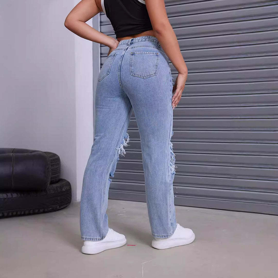 Dame Destroyed Jeans med moderne høj talje snit og iøjnefaldende revnedetaljer Stilla