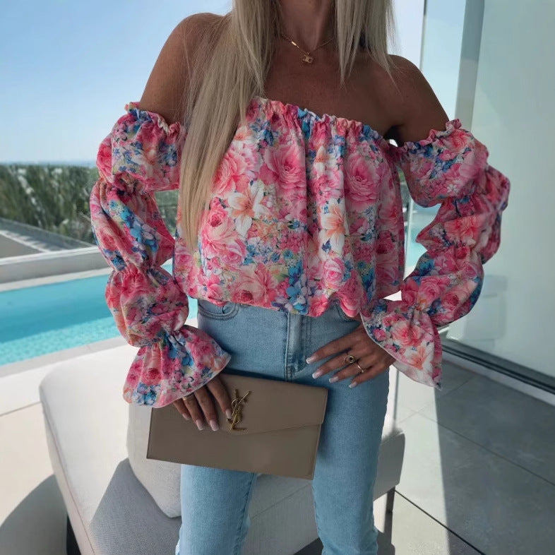 Dame Off-Shoulder Bluse med elastiske puffærmer og floraltryk Stilla