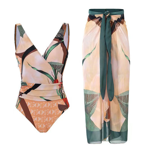 Dame Elegant Wrap Badedragt med blomsterdesigns og matchende overkjole Skovae