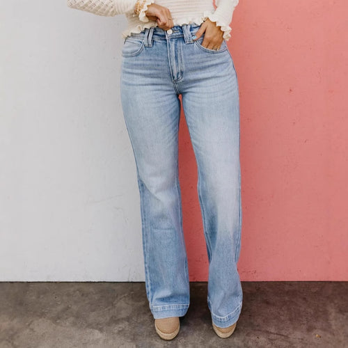 Dame Mode High-Waist Jeans med bred ben Stilla