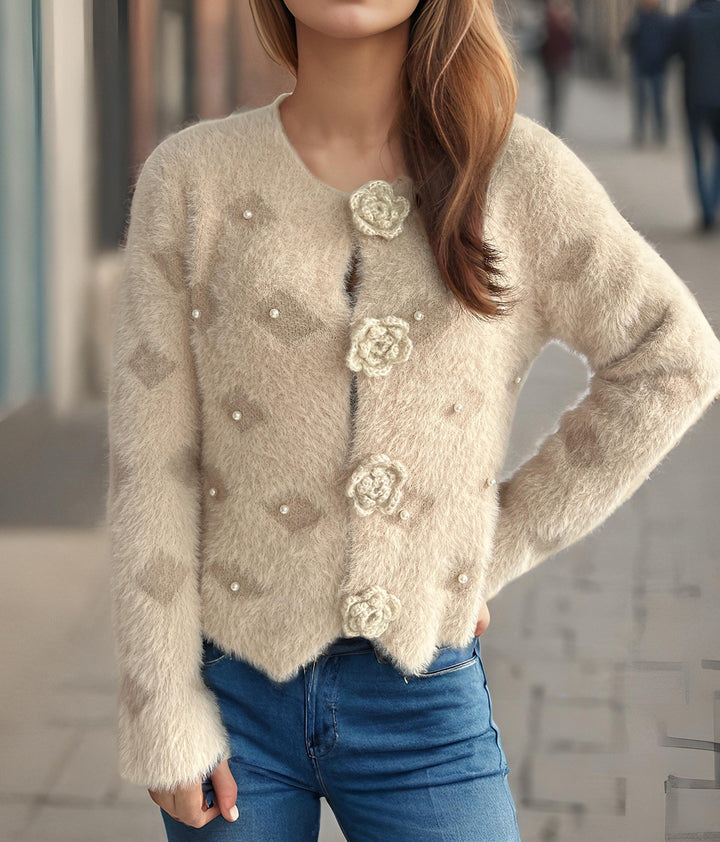 Kvinders fine cardigan med blomsterapplikationer og perleaccenter Stilla
