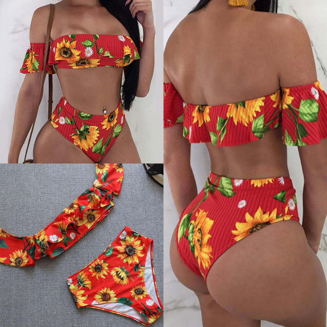 Dame bikini sæt med floralt ruffle-design og høj talje trusser Skovae