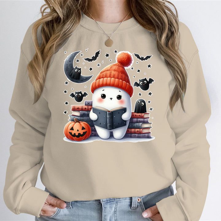 Kvinders sweatshirt med sødt Halloween-motiv og bogdesign Stilla
