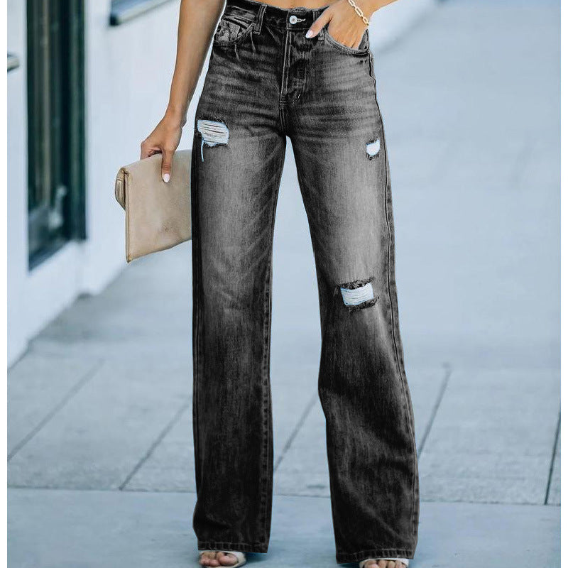 Dame Højtaljede Distressed Jeans i Premium-Relaxed-Fit Stilla