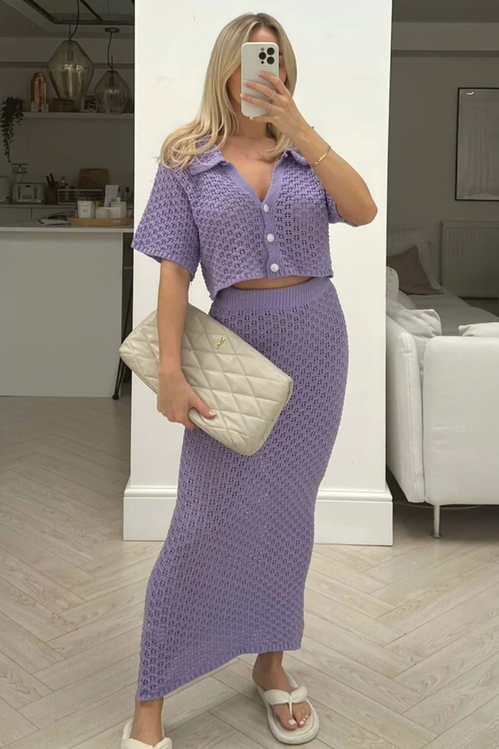 Dame afslappet strik sæt med cropped jakke og omslagsskirt Skovae