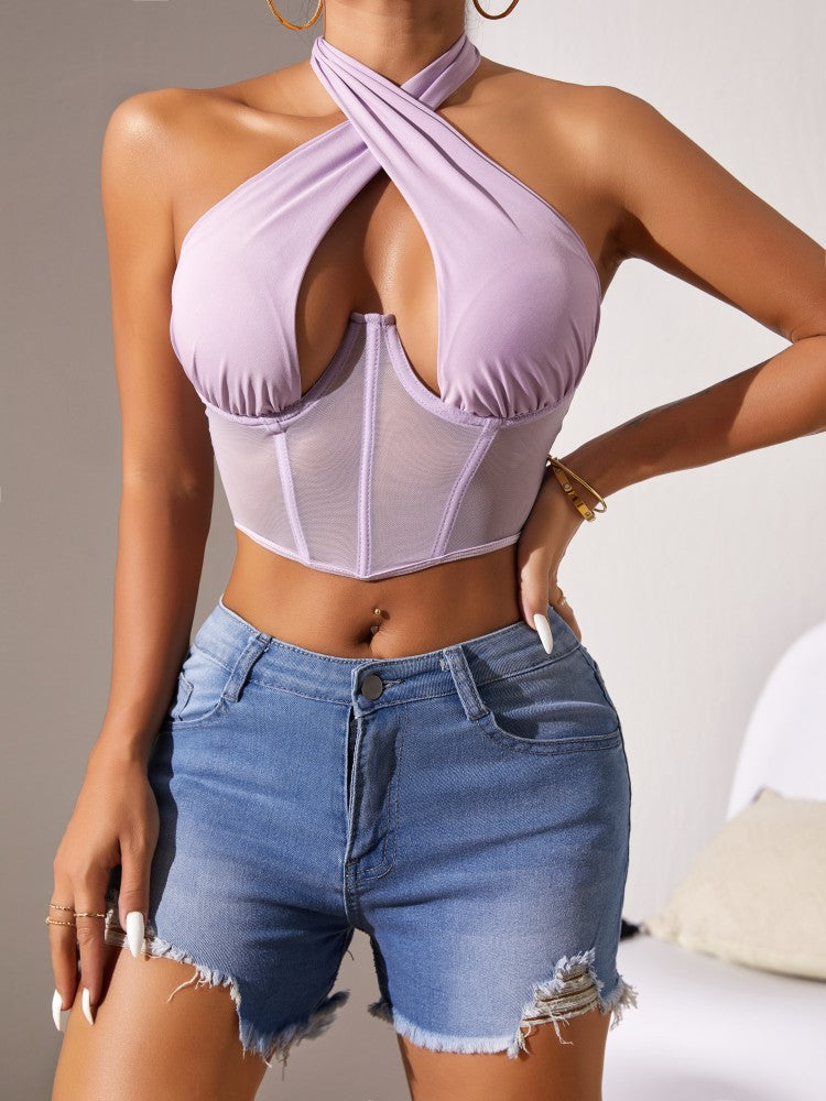 Dame Crop-Top med raffineret indpakningsdesign og gennemsigtig corsage Stilla