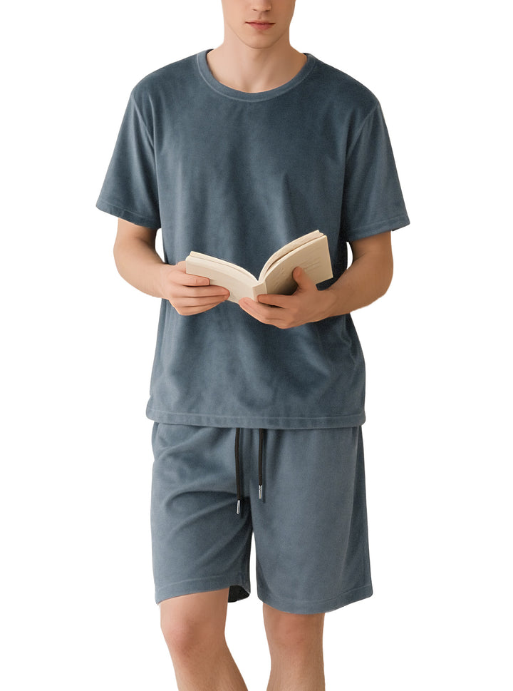 Herren nan Samtvelours Lounge-Sæt med Rundhals-Kortærmet T-shirt og Snorshorts Skovae