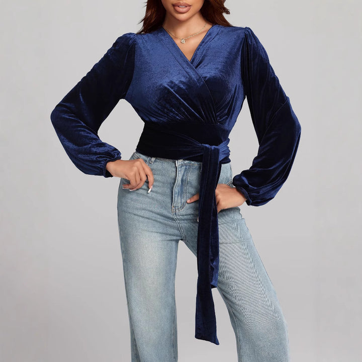 Dame elegant indpakningsbluse med flæseærmer Stilla