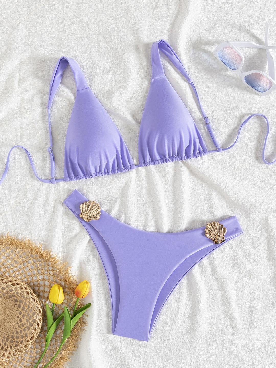 Dame Triangle-Bikini med Musling-Applikationer Skovae
