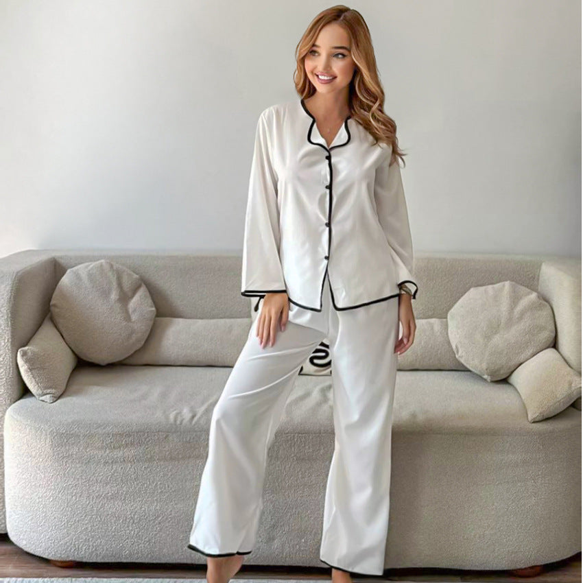 Dame elegant satin pyjamasæt med kontrastfarvede kanter og knaplukning Stilla