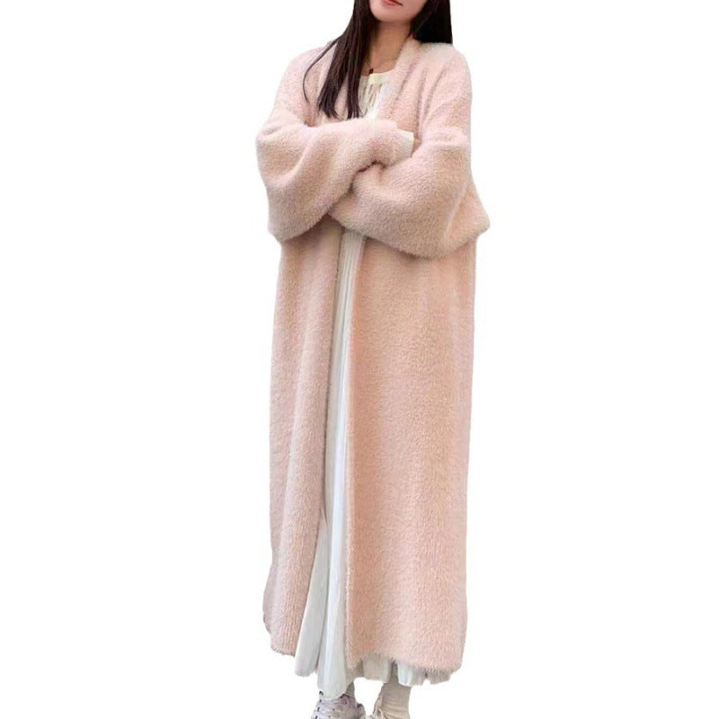 Kvinders Fluffy Maxi Cardigan med Dyb V-Hals og Oversized Silhuet Stilla