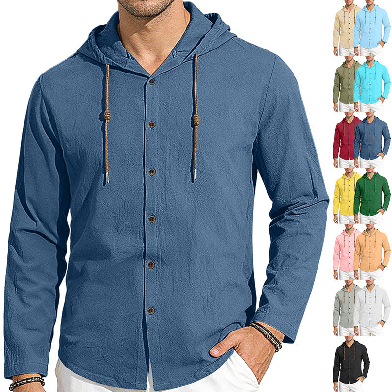Herrer nan tekstureret linnedblandings-hoodie med gennemgående knoplukning, træknapper og sidespalter Skovae