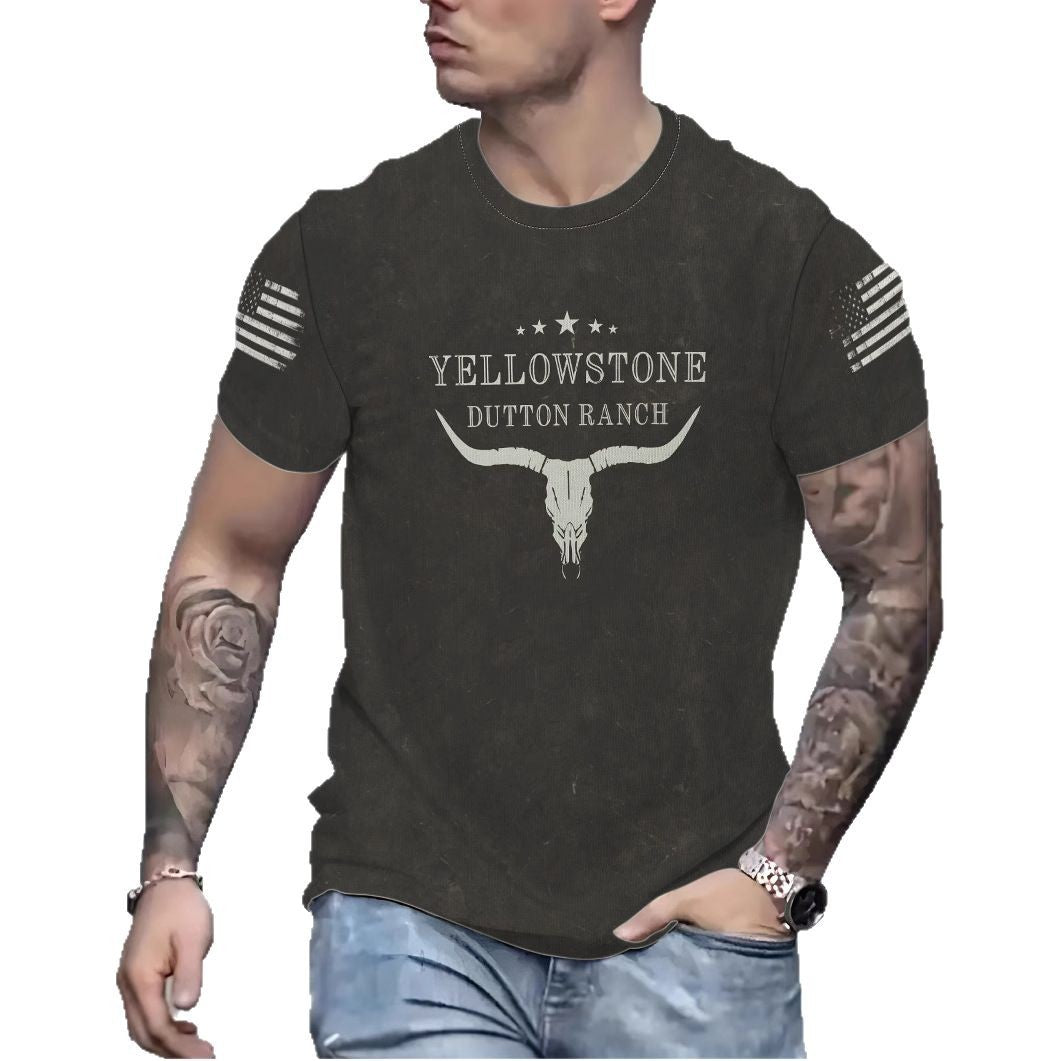 Herrer T-shirt med kreativ Yellowstone-motiv og skulderdetaljer Stilla