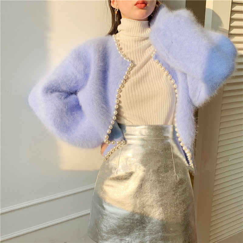 Kvinders fluffy cardigan med perlekant og trendy snit Stilla