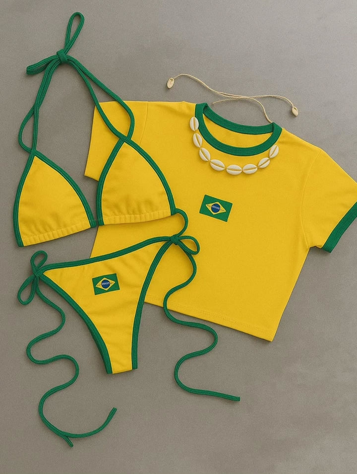 Dame bikini-sæt med sporty crop top og trendy Brasilien-flag design skovae