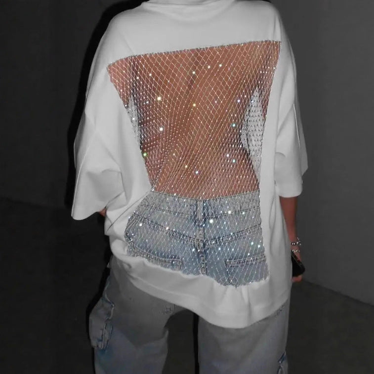 Dame nan Oversize-T-shirt med transparent netbag, strassbesætning og jeansprint Skovae
