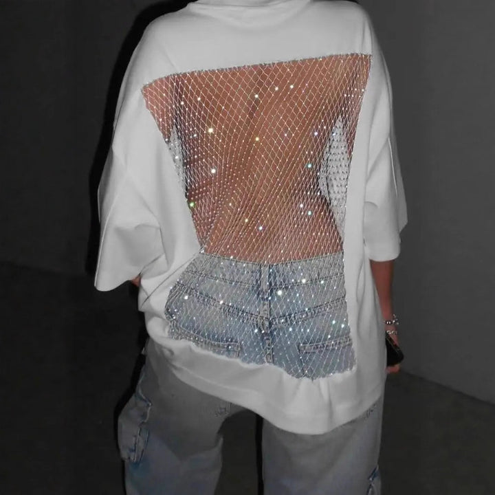 Dame nan Oversize-T-shirt med transparent netbag, strassbesætning og jeansprint Skovae