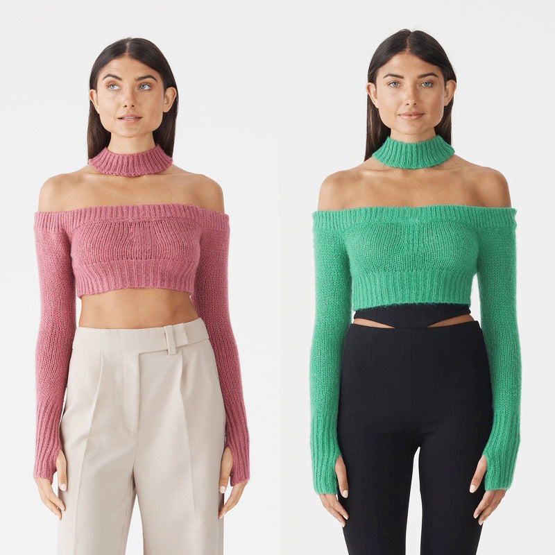 Dame Off-Shoulder Strikpullover med lange ærmer og Cropped-snit Stilla