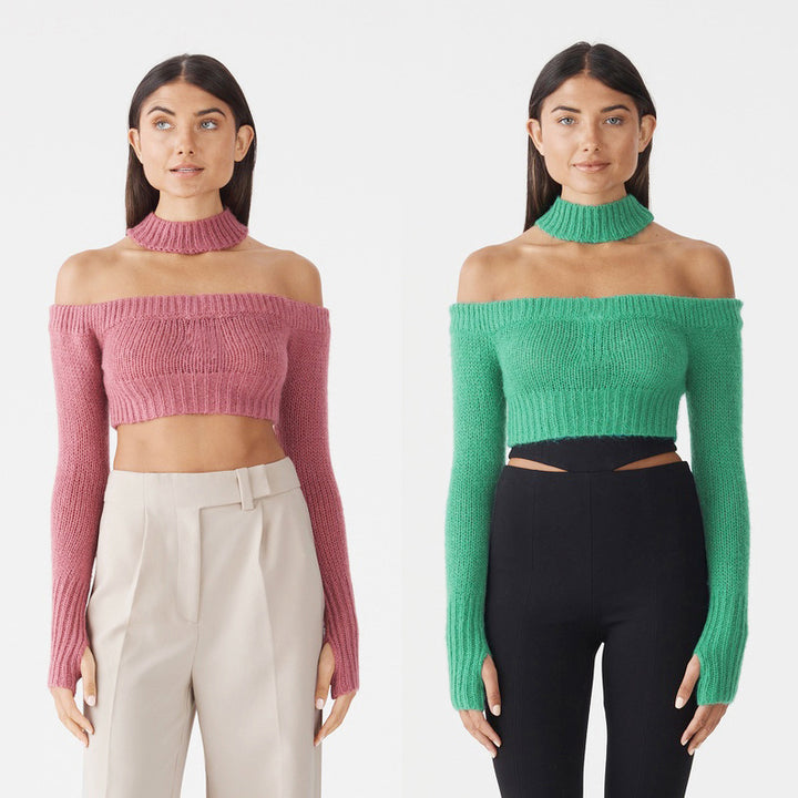 Dame Off-Shoulder Strikpullover med lange ærmer og Cropped-snit Stilla