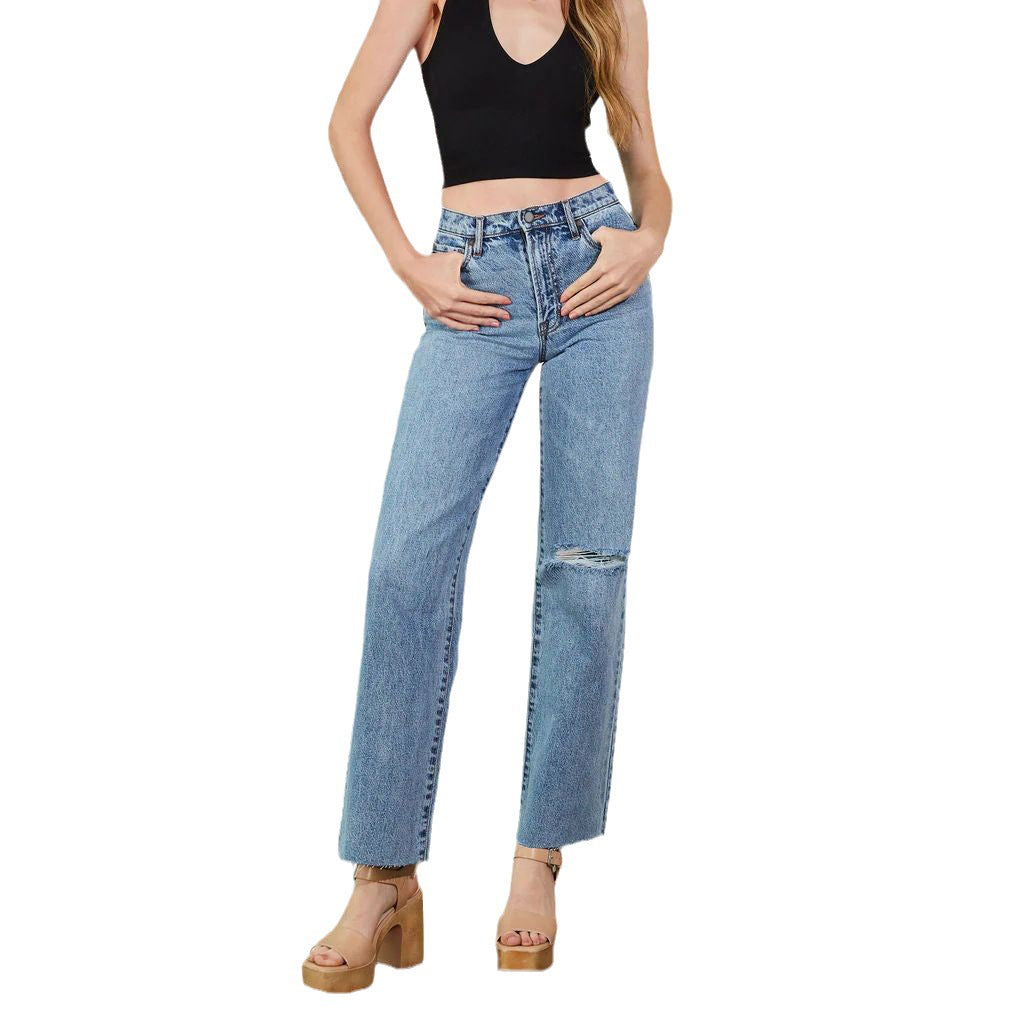 Dame High-Waist Jeans med iøjnefaldende riv detaljer og bredt skåret ben Stilla