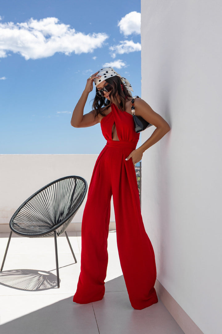 Dame Elegant jumpsuit med dyb V-udskæring og bredt skårne ben Stilla