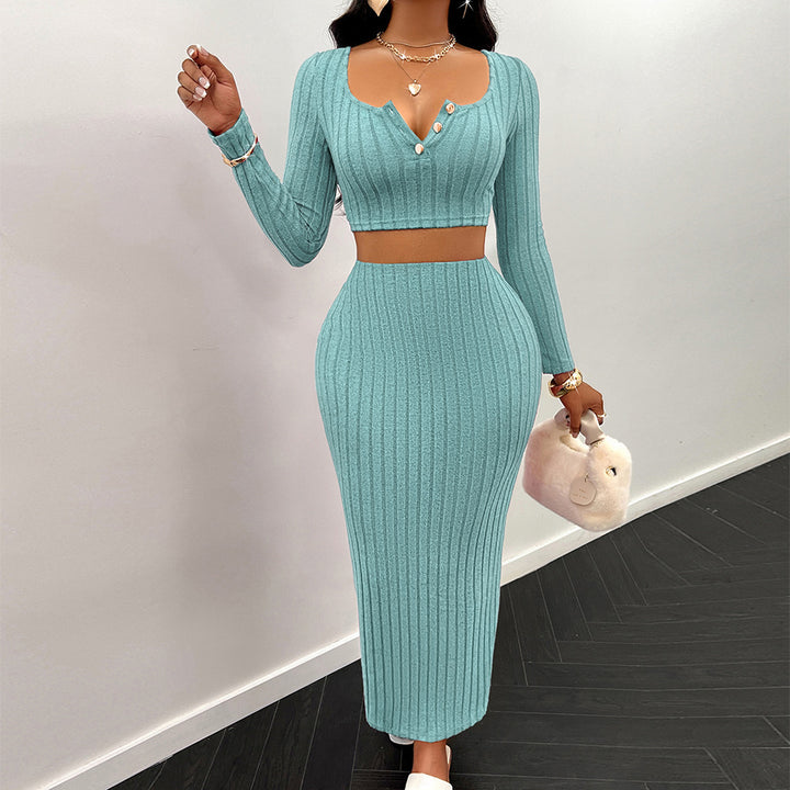 Dame elegant, ribbet Crop-Top og Maxi-Nederdel Sæt Stilla