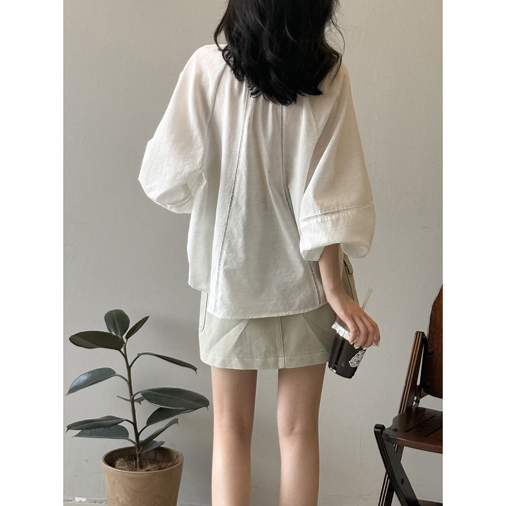 Dame casual oversized bluse med elegante pufærmer og V-udskæring Stilla