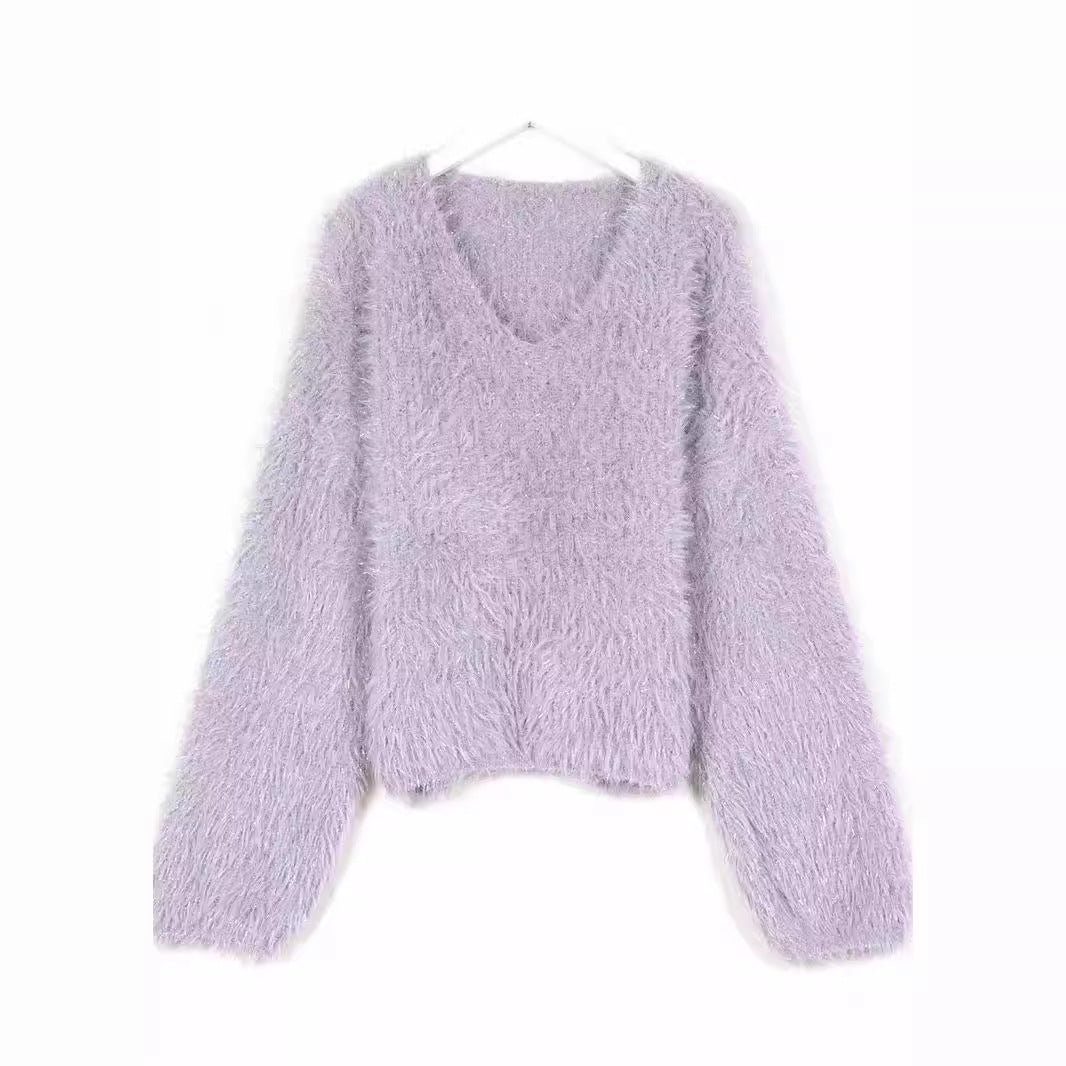 Dame hyggelig V-hals sweater med glitrende tråd Stilla