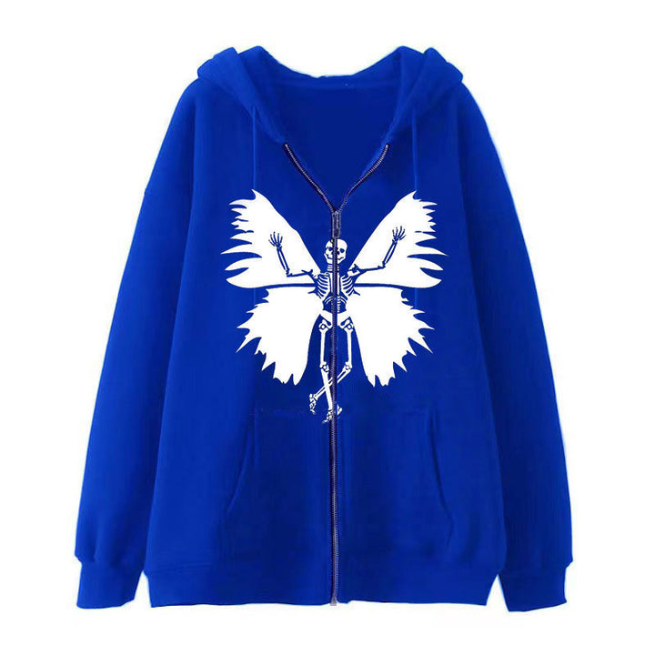Kvinder's zip hoodie med unikt skelet og sommerfugl design Skovae