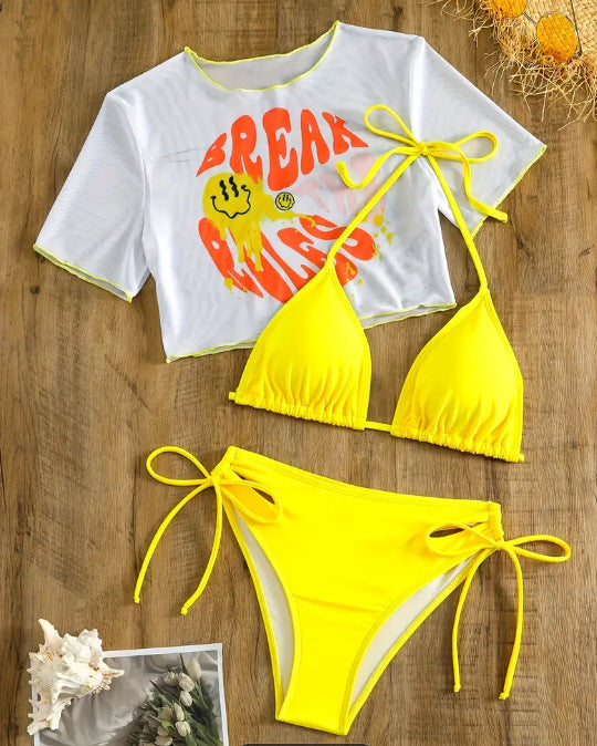 Dame bikini sæt med trendy crop top og muntert motiv Stilla