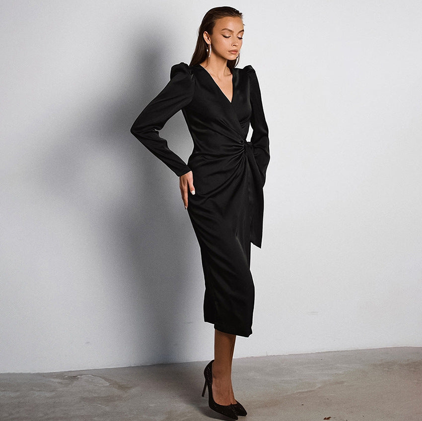 Dame wrap kjole med elegant drapering og lange ærmer Stilla