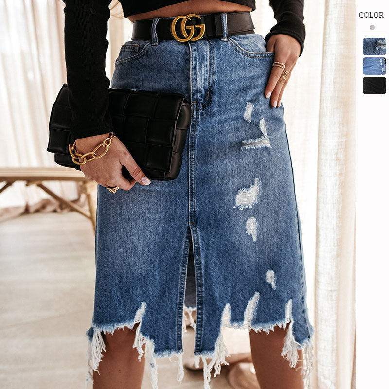 Kvinders afslappede denimskørt med asymmetrisk kant og ødelagte detaljer Stilla