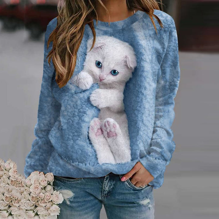 Femme Grafisk Katteprint Sweatshirt Stilla